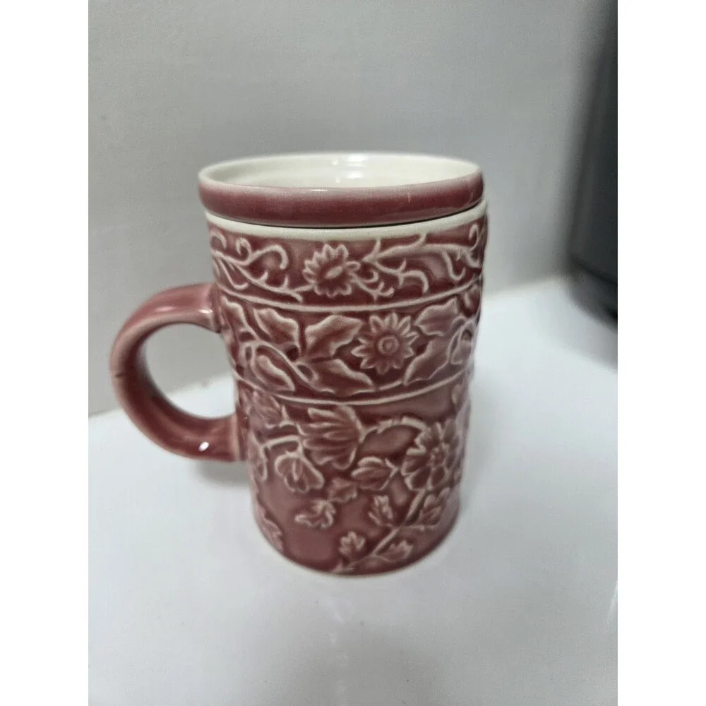 World Market Ceramic Tea Cups Mugs With Infuser Pink/Bordeaux  Floreal embossed